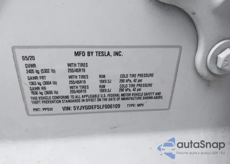 2020 Tesla Model Y Long Range Dual Motor All-Wheel Drive/Performance Dual Motor All-Wheel Drive z USA, uszkodzony, nr VIN 5YJYGDEF5LF006109